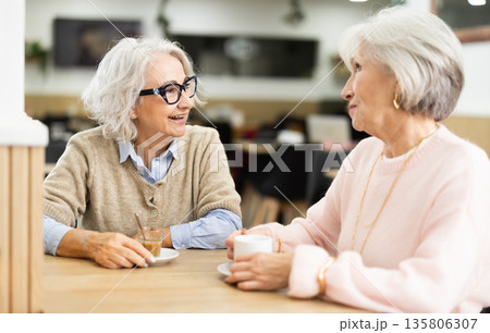 Elderly women in cafe has nice conversation and discusses news of day Elderly women in cafe has nice conversation and discusses news of day 135806307