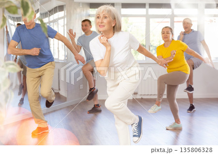 Group of aged people rehearsing sports dance in dance class 135806328