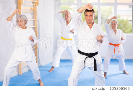 Group of mature people in kimono trying new fighting techniques at karate lessons Group of mature people in kimono trying new fighting techniques at karate lessons 135806569