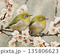 雪降る梅の枝に寄り添うメジロの冬景色 135806623