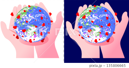 雙手緊緊捧著地球，周圍飛舞著無數心形符號，象徵世界和平與愛。 135806665