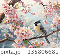 桜の枝に寄り添う小鳥のやさしい春の景色 135806681