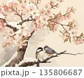 桜の枝に寄り添う小鳥のやさしい春の景色 135806687