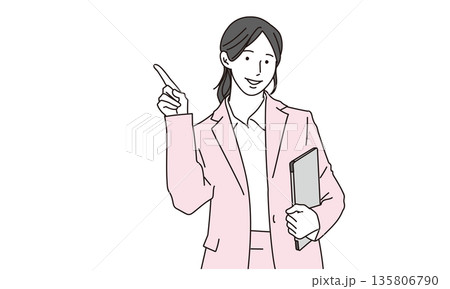 タブレットを抱えて案内をする女性の営業イラスト素材 135806790