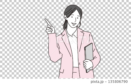 タブレットを抱えて案内をする女性の営業イラスト素材 135806790