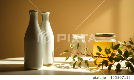 Milk, Honey, and Botanical Still Life in Warm Light Milk, Honey, and Botanical Still Life in Warm Light 135807113