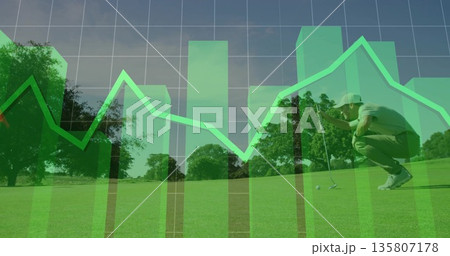 Golfer in golf attire lining up putt on green, with putter, ball, financial overlays, copy space 135807178