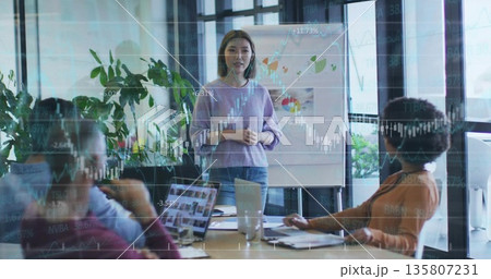 Presenting Asian woman explaining flip chart graphs in conference room, with stock market overlay 135807231