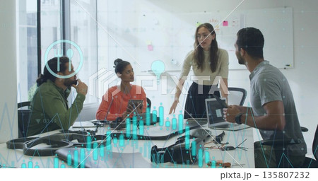 Analyzing data overlays, four professionals collaborating in boardroom with laptops, circuit boards Analyzing data overlays, four professionals collaborating in boardroom with laptops, circuit boards 135807232