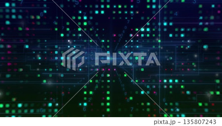 Digital grid receding toward center in dark network with glowing squares, circuit lines and digits 135807243