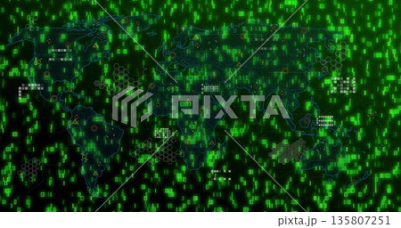 Displaying world map streaming neon green code on screen, with hex grids warning icons node markers Displaying world map streaming neon green code on screen, with hex grids warning icons node markers 135807251