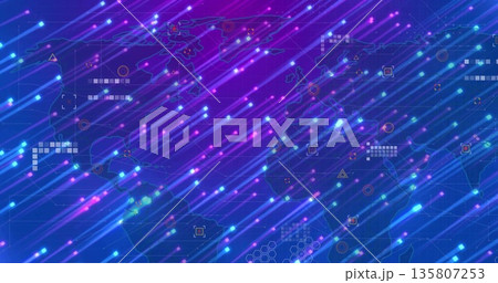 Displaying abstract digital world map streaming neon streaks in virtual network, with data icons Displaying abstract digital world map streaming neon streaks in virtual network, with data icons 135807253