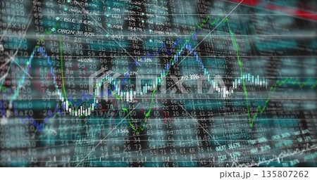 Displaying fluctuating chart on trading terminal, featuring white candlesticks and trend lines 135807262