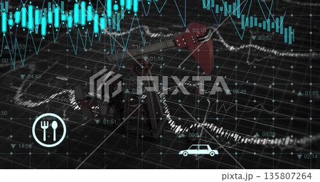Displaying pump jack on digital chart, showing teal candlestick bars, fork-and-knife, car icons Displaying pump jack on digital chart, showing teal candlestick bars, fork-and-knife, car icons 135807264