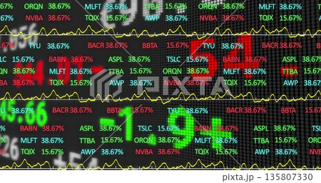 Displaying stock tickers and live percentage values on pixel grid monitor, with yellow trend lines 135807330