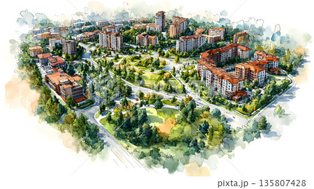 Top down city plan layout with zones and color coded areas. 135807428
