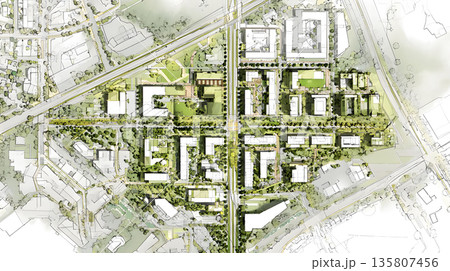 Top down city plan layout with zones and color coded areas. 135807456