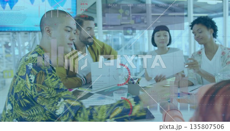 Six coworkers reviewing charts on laptops in open-plan office, with data visualization overlays 135807506