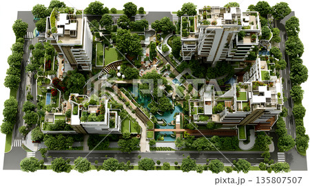 Top down city plan layout with zones and color coded areas. 135807507