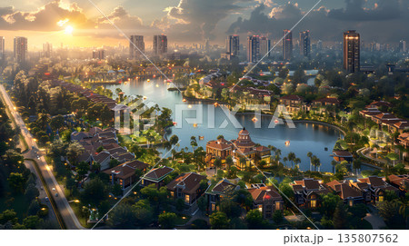 Top down city plan layout with zones and color coded areas. 135807562