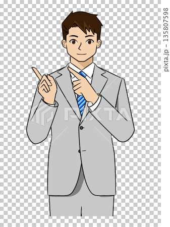 一位身穿西裝的年輕商人，用雙手（上半身）指向右側進行解釋。 135807598