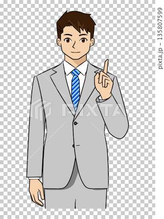 A young businessman in a suit pointing with his left index finger (upper body) 135807599
