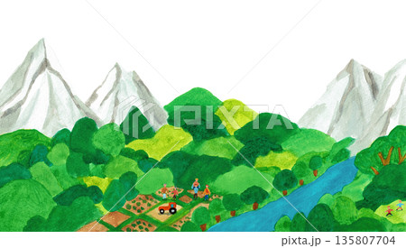 手描きイラスト　山と森と川に囲まれた農村地域 135807704