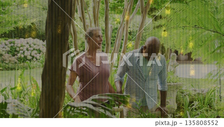 Walking senior couple holding hands on stone garden path, with hydrangeas and metal handrail 135808552
