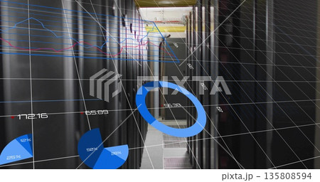 Displaying data center corridor with server racks, colored cables and floating data visualizations Displaying data center corridor with server racks, colored cables and floating data visualizations 135808594