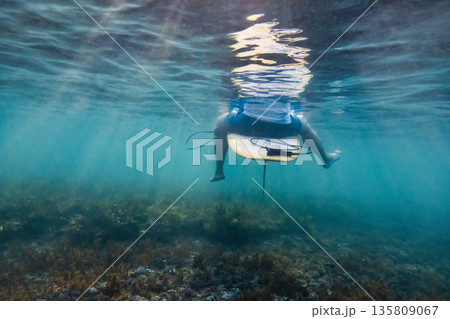 Surfer Anticipates Wave, Athlete Watches Upcoming Swell Patiently Beneath Waves Surfer Anticipates Wave, Athlete Watches Upcoming Swell Patiently Beneath Waves 135809067