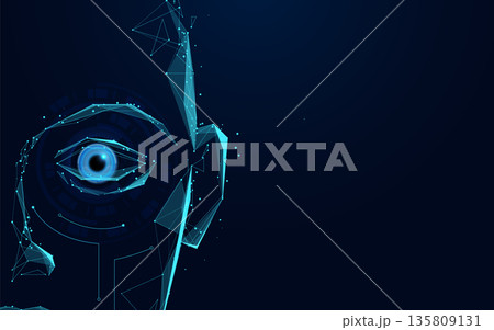 Blue face with a blue eye is shown on a dark background 135809131