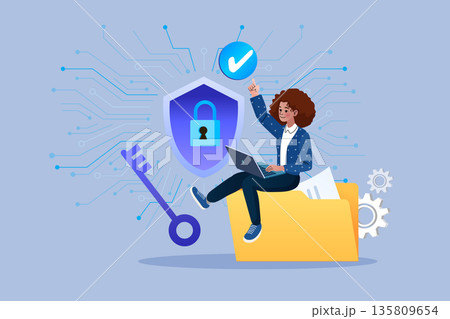 Woman protecting digital folder with secure data encryption. 135809654