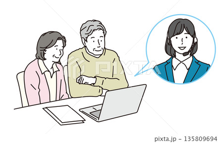 オンライン相談を受けるシニア夫婦のイラスト素材 オンライン相談を受けるシニア夫婦のイラスト素材 135809694