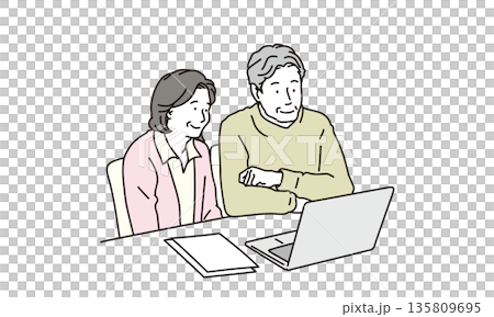 Illustration material of a senior couple looking at a computer side by side Illustration material of a senior couple looking at a computer side by side 135809695