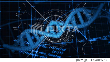 Displaying DNA helix rotating within blue grid matrix, with HUD overlay and numeric annotations Displaying DNA helix rotating within blue grid matrix, with HUD overlay and numeric annotations 135809735