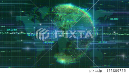 Displaying data globe rotating in grid matrix, with world map silhouette and numeric streams Displaying data globe rotating in grid matrix, with world map silhouette and numeric streams 135809736