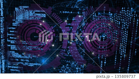 Displaying two concentric purple HUDs floating over neon grid in cyberspace, with cascading code Displaying two concentric purple HUDs floating over neon grid in cyberspace, with cascading code 135809737