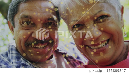 Smiling senior couple leaning together in sunlit garden, with golden confetti overlay Smiling senior couple leaning together in sunlit garden, with golden confetti overlay 135809847