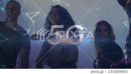Showcasing four promotional talents standing in studio, with 5G overlay and network nodes 135809865
