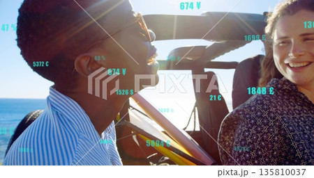 Friends driving convertible along coastal road under sun with sunglasses seat belts floating crypto Friends driving convertible along coastal road under sun with sunglasses seat belts floating crypto 135810037