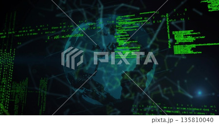 Displaying holographic dotted globe rotating in 3D network interface, with green code streams Displaying holographic dotted globe rotating in 3D network interface, with green code streams 135810040