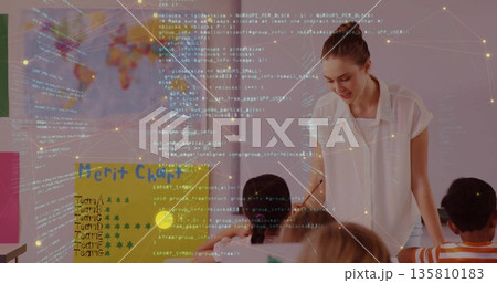 Guiding instructor leaning over pupils in classroom, with code and merit chart overlay, copy space Guiding instructor leaning over pupils in classroom, with code and merit chart overlay, copy space 135810183