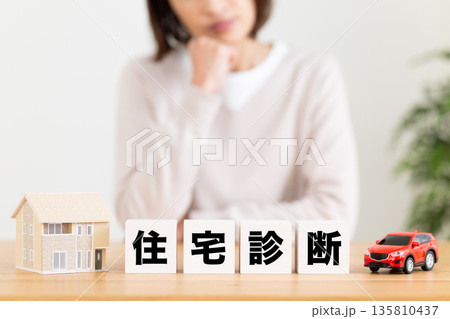 住宅診断のブロックと悩むミドル女性 住宅診断のブロックと悩むミドル女性 135810437