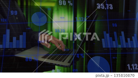 Typing Korean hand operating laptop in green-lit setup with bar and pie charts, % values, gridlines Typing Korean hand operating laptop in green-lit setup with bar and pie charts, % values, gridlines 135810870