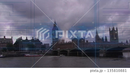 Showing Palace of Westminster and Westminster Bridge spanning Thames in London, with data overlay 135810881