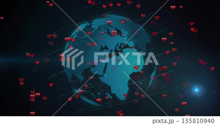 Showing digital globe spinning in dark virtual space, with red hearts, light streaks, lens flare 135810940