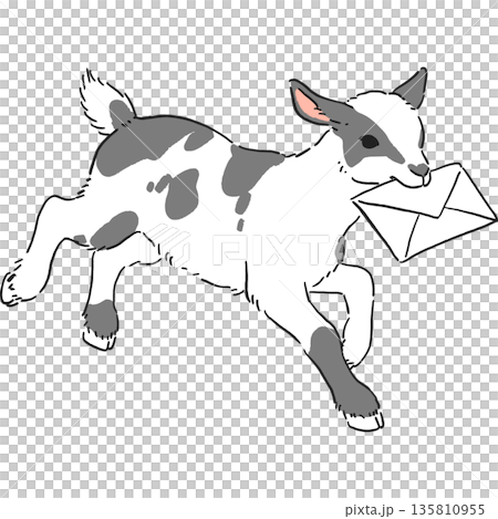Hand-drawn illustration of a running baby goat holding a letter Hand-drawn illustration of a running baby goat holding a letter 135810955