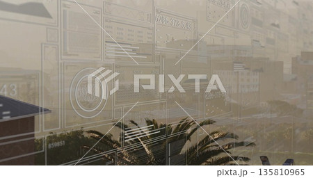 Displaying interface panels overlaying office view with charts gauges displays buildings and palms Displaying interface panels overlaying office view with charts gauges displays buildings and palms 135810965