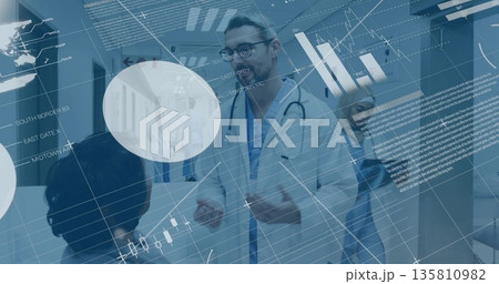 Doctor in coat stethoscope consulting patient in hospital corridor with chair, overlays, copy space 135810982