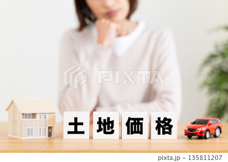 土地価格のブロックと悩むミドル女性 135811207